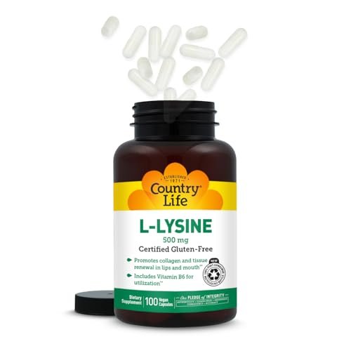 Country Life L-Lysin 500 mg mit B-6 – Unterstützt die Immungesundheit, fördert die Kollagenerneuerung in Lippen und Mund – 100 vegane Kapseln, zertifiziert glutenfrei, zertifiziert vegan