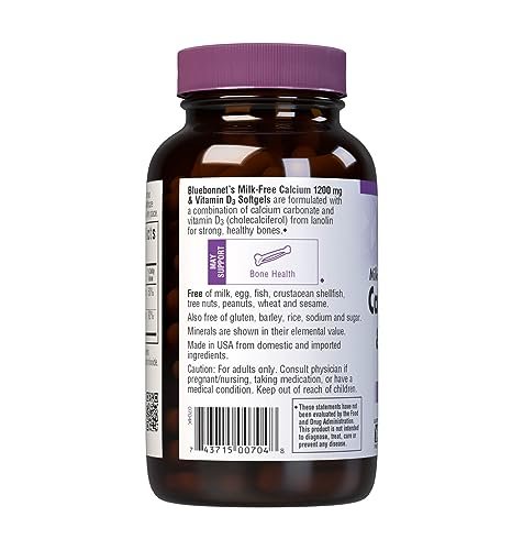 Bluebonnet Nutrition Milchfreies Calcium 1.200 mg plus Vitamin D3 400 IE – Hochdosiert, maximale Absorption für starke Knochen & Immununterstützung, glutenfrei, laktosefrei, 120 Softgels