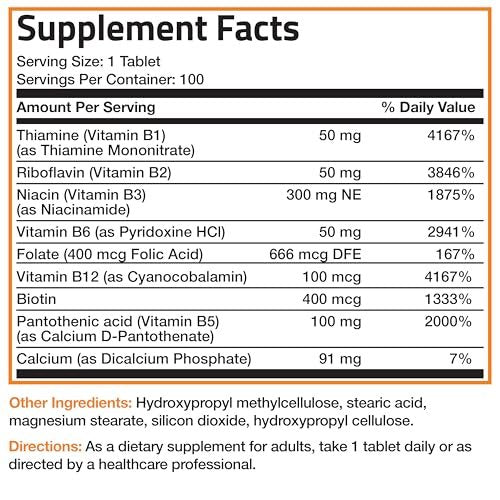 Bronson Super B Vitamin B Komplex mit langsamer Freisetzung – Alle B-Vitamine (B1, B2, B3, B6, B9 Folsäure, B12) – 100 Tabletten