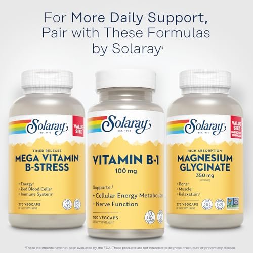 SOLARAY Vitamin B-1 100 mg | Unterstützung für gesunden Energiestoffwechsel, Haut, Gehirn, Herz und Nervensystem | 100 VegCaps