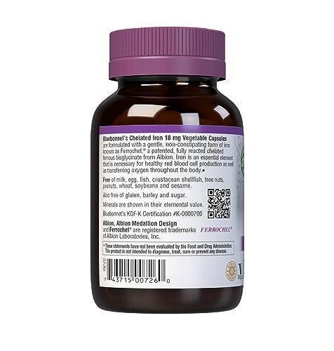 Bluebonnet Nutrition Chelated Eisen 18 mg – Nicht verstopfend, Soja-frei, Glutenfrei, Nicht-GVO, Koscher, Milchfrei, Vegan – 90 Kapseln