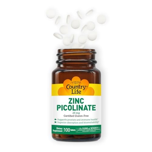 Country Life Zink Picolinat 25 mg – Hochwertiges Zinkpräparat für Immunsystem, Prostata & Zellgesundheit – Zertifiziert glutenfrei, vegan & halal, nicht gentechnisch verändert – 100 Tabletten