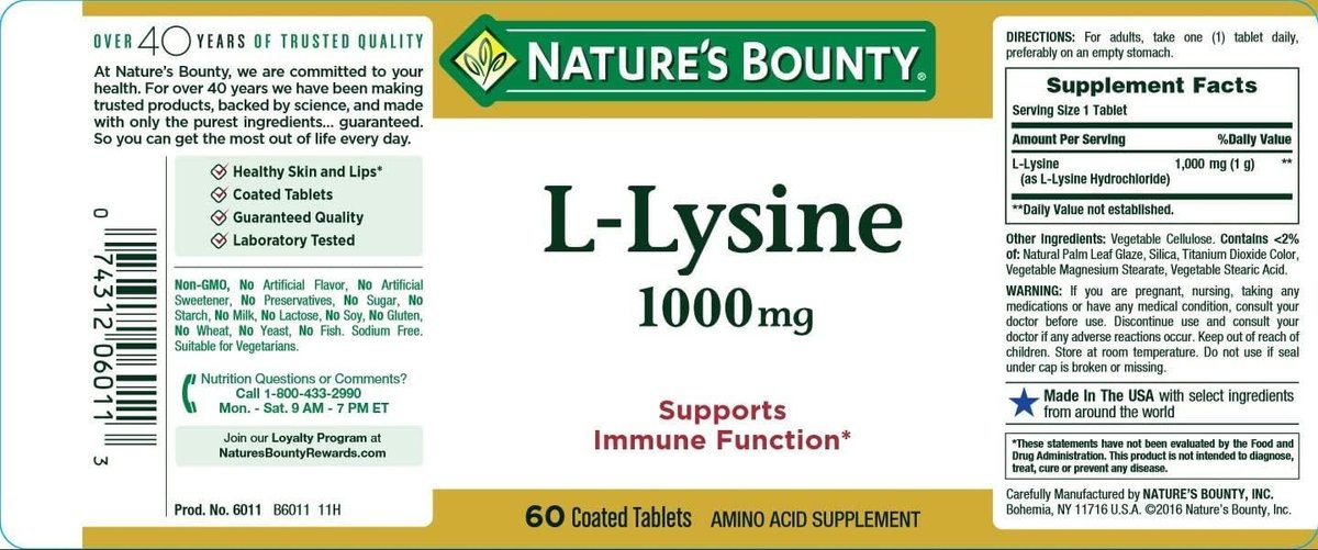 Nature's Bounty L-Lysin 1000 mg Tabletten, 60 Stück (4er-Pack)