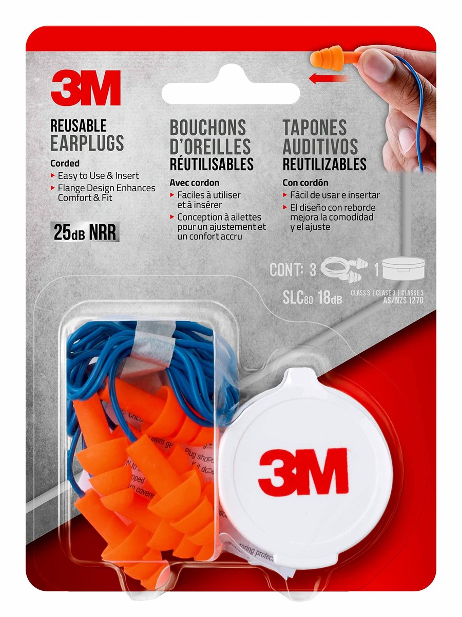 3M Wieder verwendbare Ohrstöpsel mit Kordel, 3 Paar, Geräuschdämmung (NRR) 25 dB, Einfach zu verwenden und einzusetzen, Flexibles Drei-Flansch-Design für mehr Komfort und Passform, Orange (90716H3-DC)