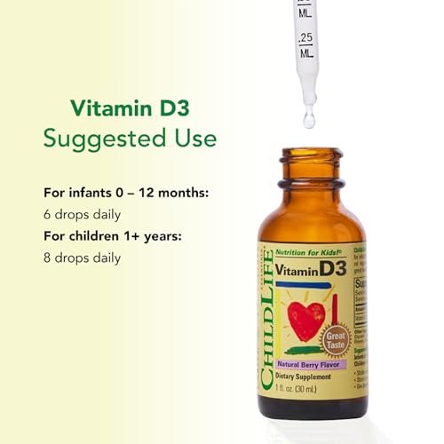 CHILDLIFE ESSENTIALS Baby Vitamin D3 Tropfen für Säuglinge, Kinder & Kleinkinder – Flüssige Vitamin-D-Tropfen, 500 IE pro Portion, Unterstützung für Immunsystem & Knochengesundheit, Natürlicher Beerengeschmack – 30 ml (1 Flasche)