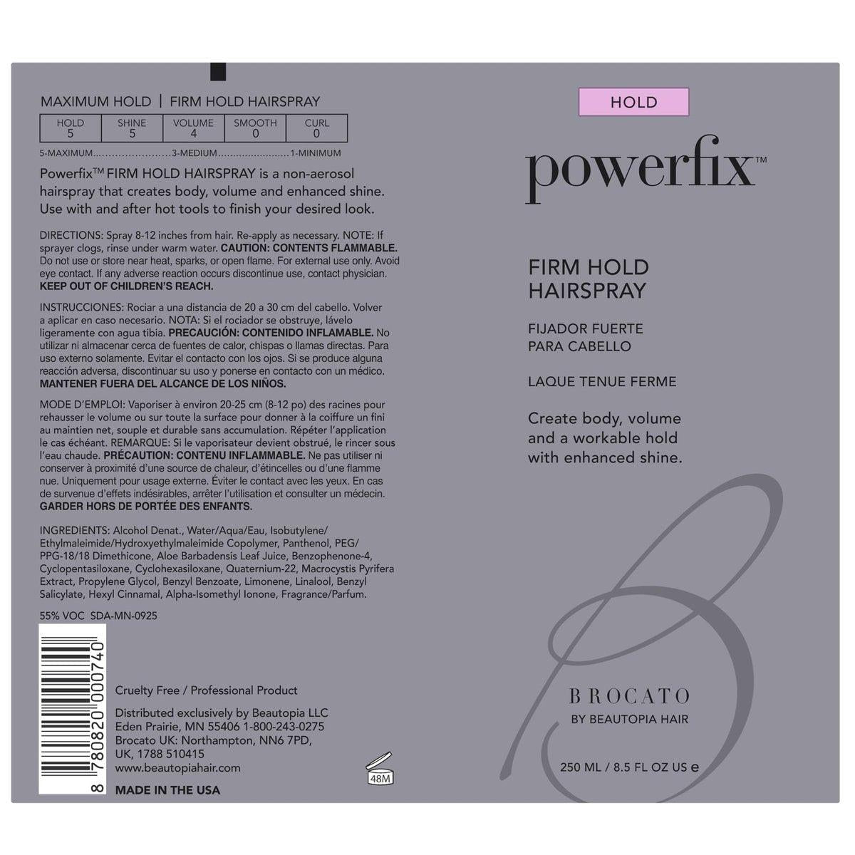 Brocato Powerfix Firm Hold Haarspray, 8,5 oz – Volumen-Haarspray für Textur & Lockenfixierung ohne Flocken oder Rückstände
