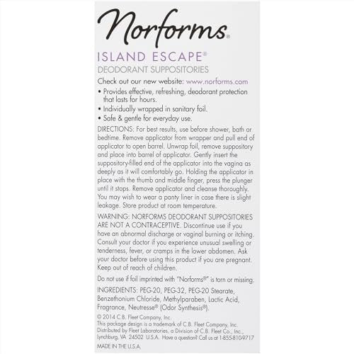 Norforms Feminine Deodorant Suppositorien, Sanfter pH-ausgeglichener Vaginalgeruchskontrolle, Island Escape Duft, 12 Stück, Packung mit 3