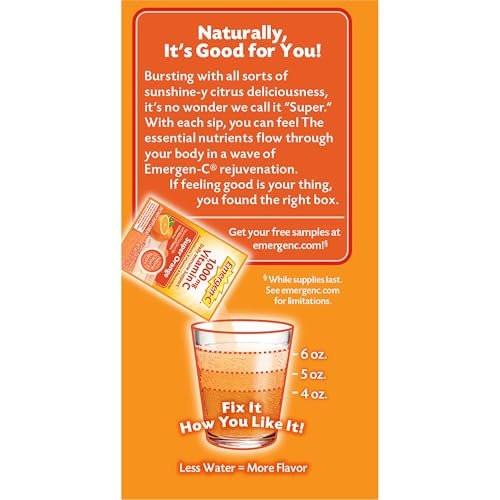 Emergen-C 1000 mg Vitamin C Pulver – Tägliche Immununterstützung, Koffeinfrei, mit Zink, Mangan, B-Vitaminen und Elektrolyten, Super Orange Geschmack – 10 Beutel