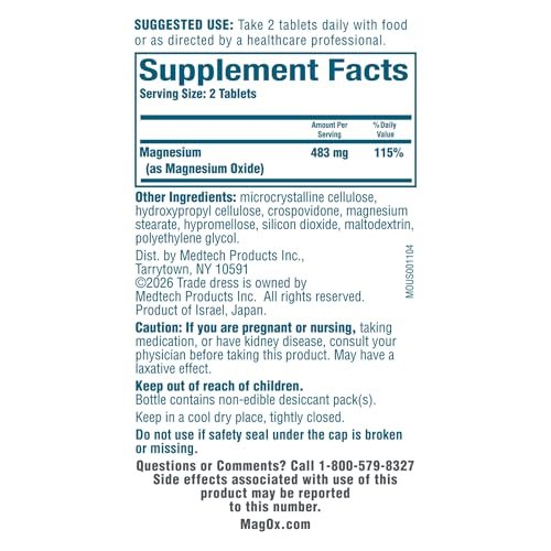 Mag-Ox Magnesium Supplement, Pharmazeutisches Magnesiumoxid 483 mg, höchstkonzentrierte Form von Magnesium, 120 Tabletten