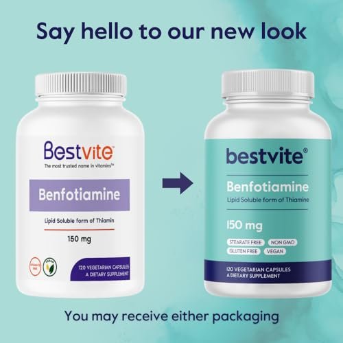 BESTVITE Benfotiamin 150mg – 120 vegane Kapseln, ohne Stearate, ohne Siliziumdioxid, vegan, nicht-GVO, glutenfrei