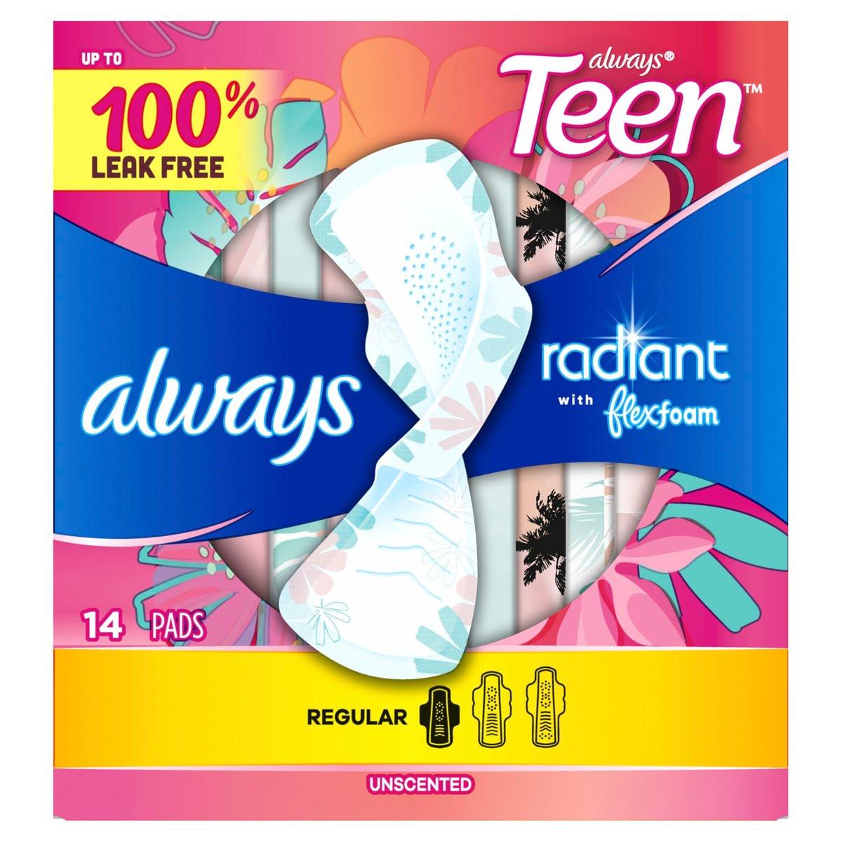 Always Radiant Teen Damenbinden für Frauen, Größe 1, Saugstärke Normal, mit Flügeln, unparfümiert, 14 Stück