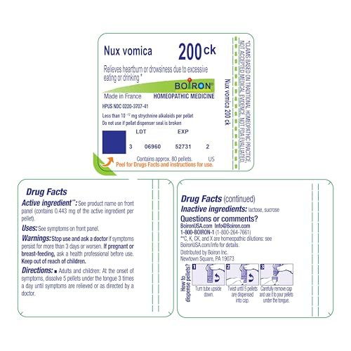 Boiron Nux Vomica 200Ck – 80 Kügelchen bei Sodbrennen und Benommenheit durch übermäßiges Essen oder Trinken