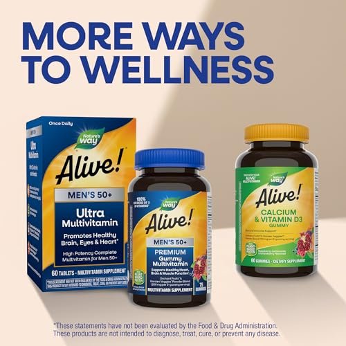 Nature's Way Alive! Männer 50 Plus Premium Gummy Multivitamin – Unterstützt Herz, Gehirn und Muskelfunktion mit hochwirksamen B-Vitaminen, Vitamin A, C, D3 & Selen, fruchtig, 75 Gummis