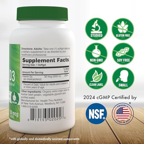 Health Thru Nutrition Vitamin D3 2000 IE 365 Mini Softgels | Jahresvorrat | 50 mcg Cholecalciferol | 3rd Party getestet | Non-GMO USP-Qualität in Olivenöl | Immunsystem-Unterstützung