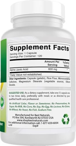 Best Naturals Alpha-Liponsäure 600 mg, 120 Kapseln – Hochdosiertes Antioxidans ALA