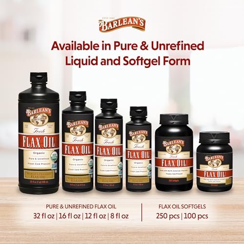 Barlean's Bio Leinsamenöl Flüssig aus frischen kaltgepressten Leinsamen, 7.640 mg ALA Omega-3-Fettsäure-Ergänzung für Haut- und Haarpflege, vegan & glutenfrei, 237 ml