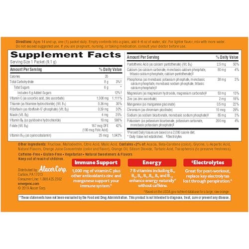 Emergen-C 1000 mg Vitamin C Pulver – Tägliche Immununterstützung, koffeinfrei, mit Zink, Mangan, B-Vitaminen und Elektrolyten, Super Orange Geschmack – 60 Portionen (2 Monate Vorrat)
