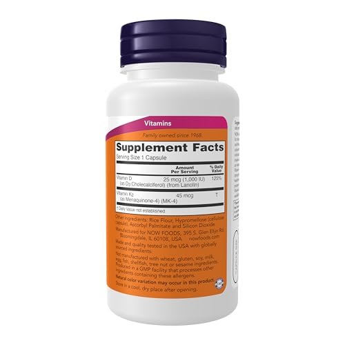 NOW Foods Vitamin D-3 & K-2 – 120 vegane Kapseln, hochdosiert