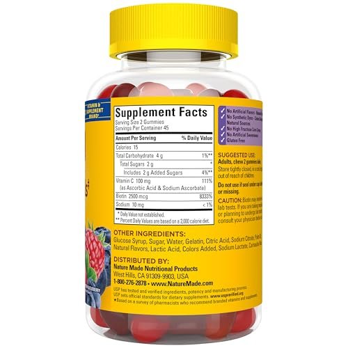 Nature Made Haare, Haut und Nägel mit Biotin 2500 mcg - Nahrungsergänzungsmittel für gesunde Haare, Haut & Nägel - 90 Gummis, 45-Tage-Vorrat