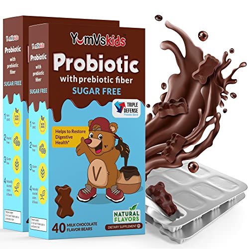 YumVs Probiotika für Kinder mit präbiotischen Ballaststoffen, zuckerfreie Schokoladen-Kautabletten – Nahrungsergänzungsmittel für die Verdauungsgesundheit – für Kleinkinder, Kinder & Teenager, 60 Stück