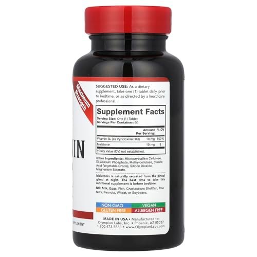 Olympian Labs Melatonin 10 mg mit Zeitverzögerung und Vitamin B6 – Hochdosierte Tabletten für erholsamen Schlaf – 60 vegane Tabletten