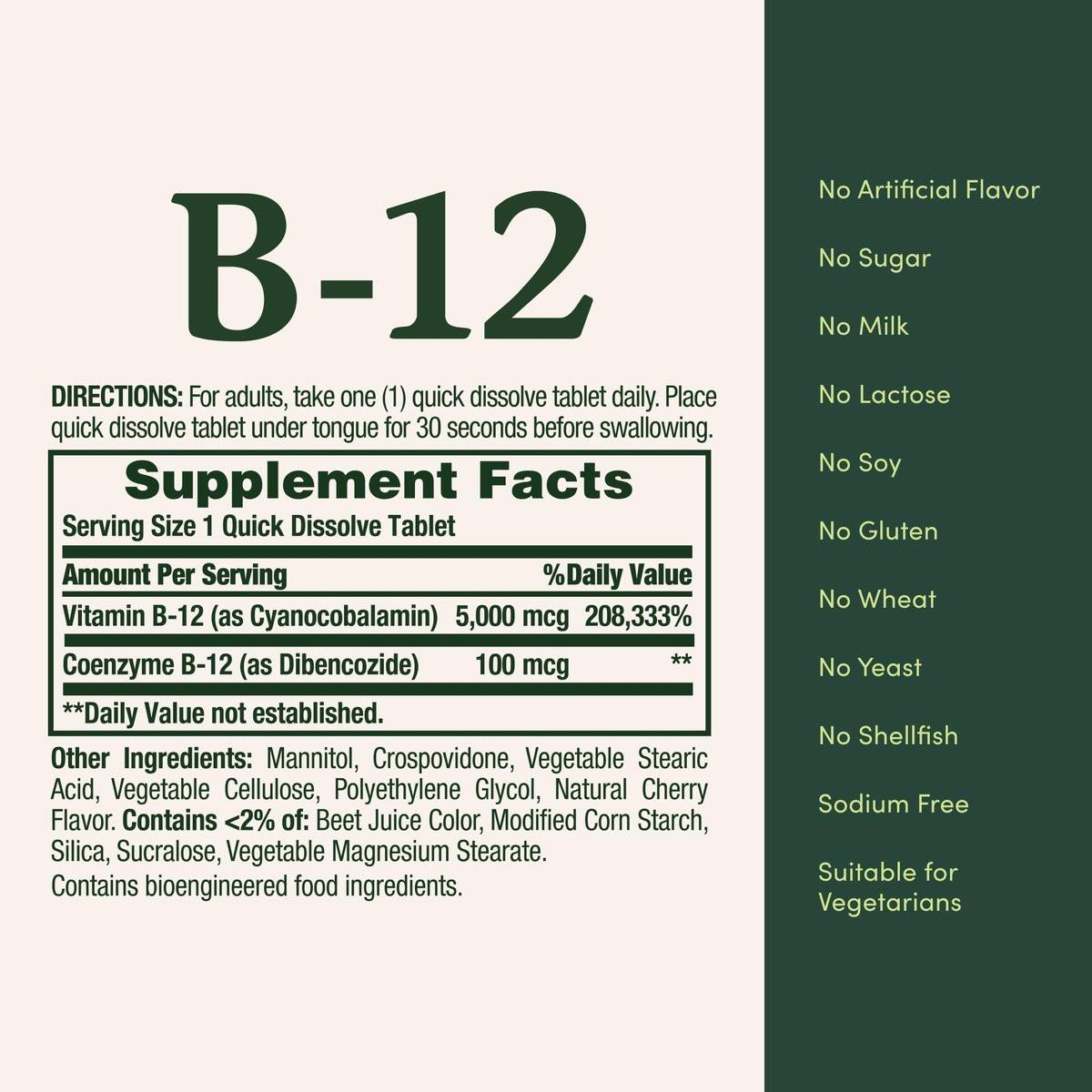 Nature's Bounty Vitamin B12 5000mcg, 40 Tabletten zum schnellen Zerkauen – Unterstützt Energiestoffwechsel und Nervensystem