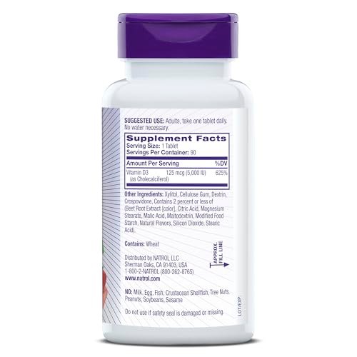 Natrol Vitamin D3 5.000 IE – Hochdosiertes Nahrungsergänzungsmittel für Knochen- und Gelenkgesundheit – 90 Tabletten, 90-Tage-Vorrat