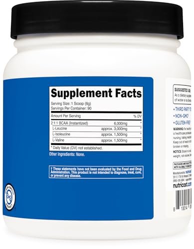 Nutricost BCAA Pulver 2:1:1 (90 Portionen, ohne Geschmack) – Verzweigtkettige Aminosäuren