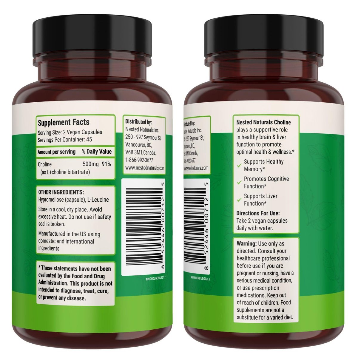 Nested Naturals Cholin Bitartrat 500 mg pro Portion – Hochdosiertes Cholin-Supplement zur Unterstützung kognitiver Leistung und Leberfunktion – 100 % vegan & nicht-GVO – 90 vegane Kapseln
