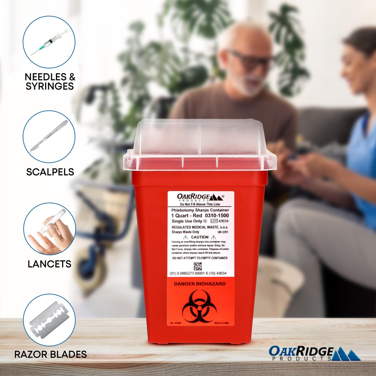 Oakridge Products Sharps Container für den Hausgebrauch und professionelle Nutzung 1 Quart (3er-Pack), Biohazard-Nadel- und Spritzenentsorgung, kleiner tragbarer Behälter für Reisen, CDC-zertifiziert