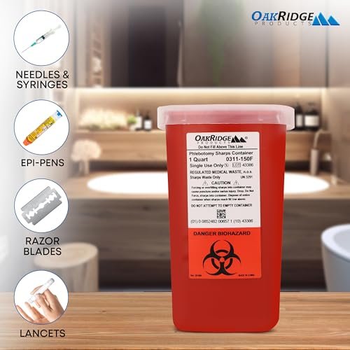 Oakridge Products Sharps Behälter für den Heimgebrauch und professionelle Nutzung 1 Quart (1er-Pack), Biohazard Nadel- und Spritzenentsorgung, Klappdeckel mit integriertem Nadelentferner, CDC-zertifiziert
