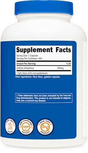 Nutricost Koffeinkapseln, 200 mg pro Portion (500 Kapseln) - Energie-Booster für den Tag