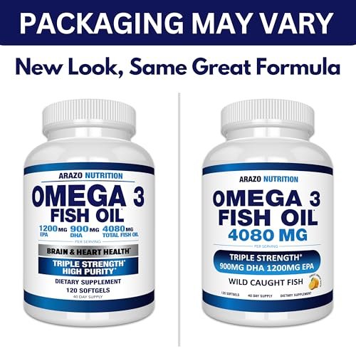 Arazo Nutrition Wild Caught Omega-3 Fischölkonzentrat – 4.080 mg pro Portion – Hoher EPA 1200 mg & DHA 900 mg – 120 Burpless Zitronen-Softgels