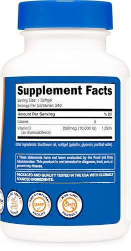 Nutricost Vitamin D3 10.000 IE – 240 Weichkapseln – Hochdosiert, Non-GMO, Glutenfrei