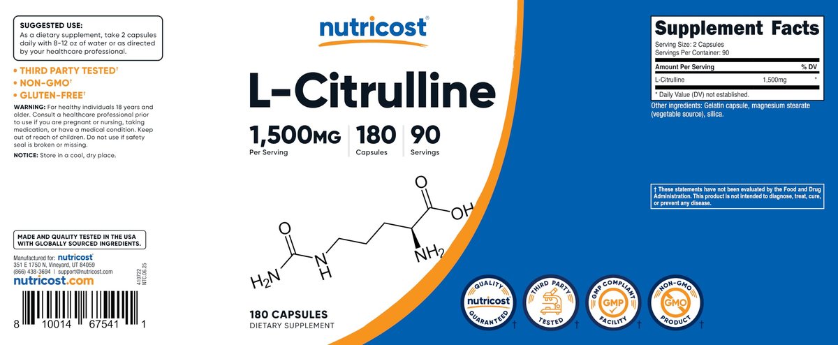 Nutricost L-Citrullin 1500mg, 180 Kapseln - 750mg pro Kapsel, Glutenfrei, Nicht-GVO