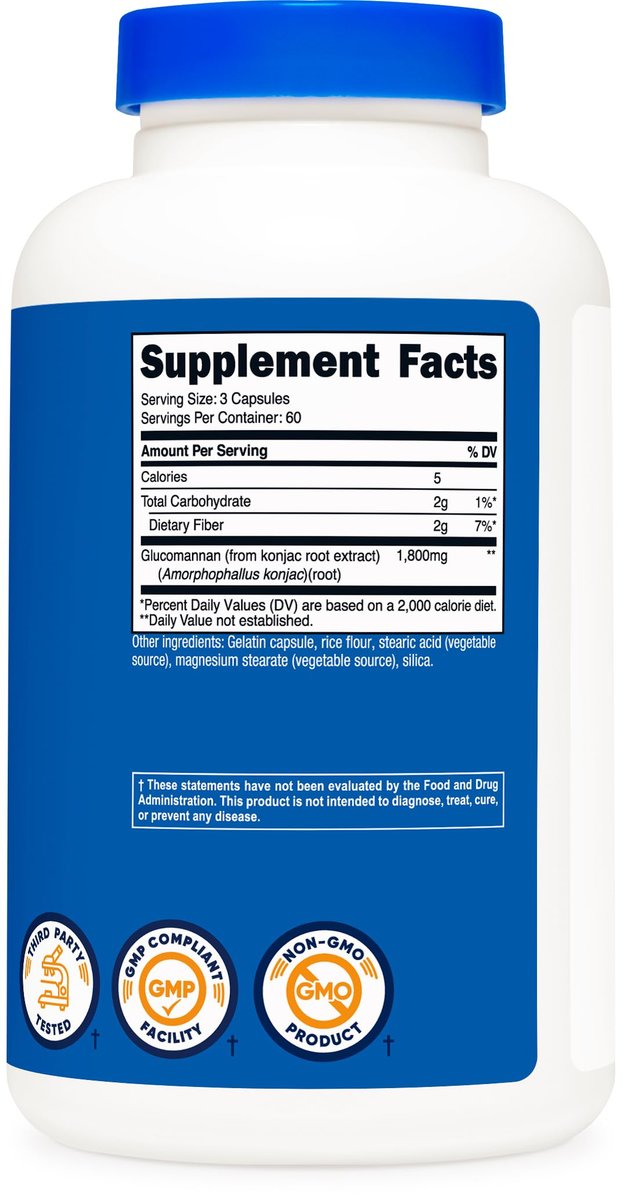 Nutricost Glucomannan 1.800 mg pro Portion, 180 Kapseln – natürliche Ballaststoffquelle, Non-GMO, glutenfrei