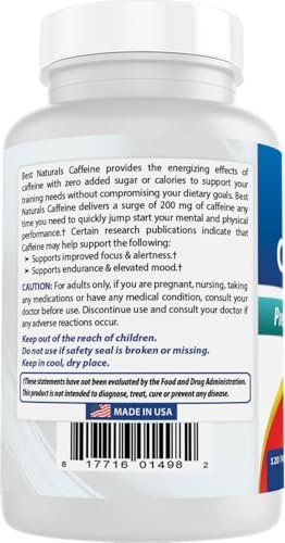 Best Naturals Koffein Tabletten 200mg, 120 Stück – Energie-Booster für den Alltag