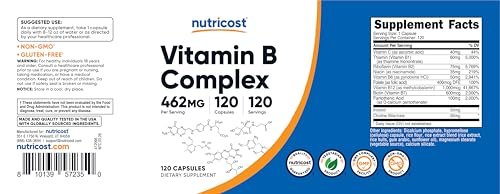Nutricost Hochdosierter Vitamin B-Komplex 462mg, 120 Kapseln – mit Vitamin C – Energiekomplex