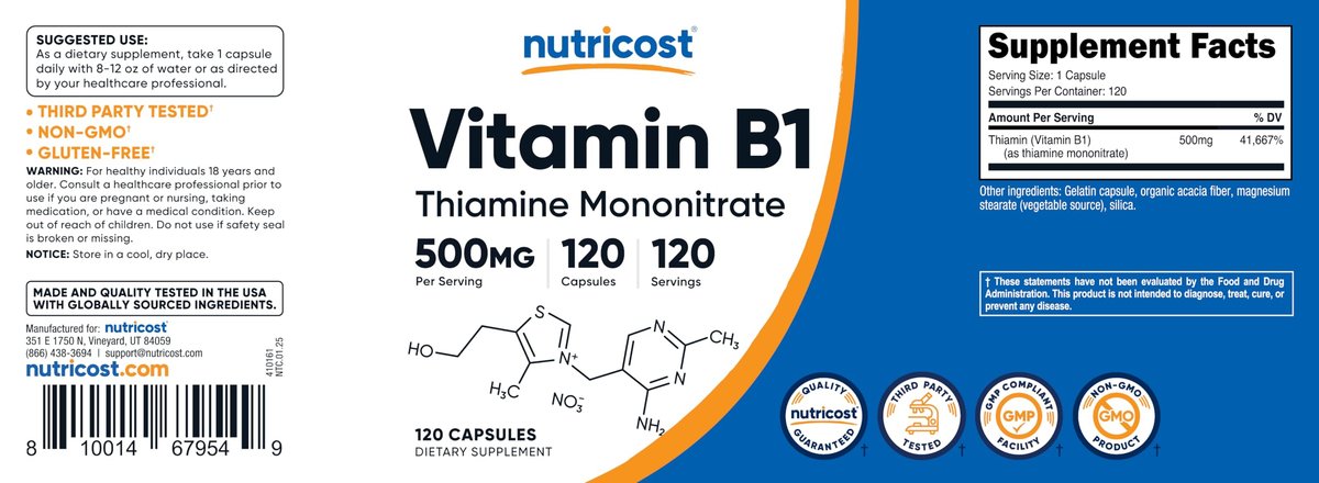 Nutricost Vitamin B1 (Thiamin) 500mg, 120 Kapseln – Hochdosiertes Nahrungsergänzungsmittel
