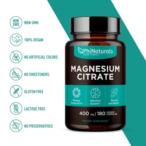 PhiNaturals Magnesium Citrat Pulver Kapseln 400mg - 180 vegane Kapseln - Unterstützung für Nervensystem und Enzymfunktion