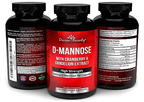 Divine Bounty D-Mannose Kapseln - 600 mg D-Mannose Pulver pro Kapsel mit Cranberry und Löwenzahnextrakt zur Unterstützung der normalen Harnwegsgesundheit - 120 vegane Kapseln