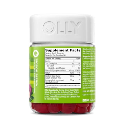 OLLY Daily Energy Gummy – Koffeinfreie Vitamin B12 & CoQ10 Gummibärchen für Erwachsene, Goji-Beere, tropischer Geschmack – 60 Stück