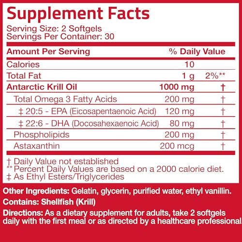 Bronson Antarktisches Krillöl 1000 mg mit Omega-3-Fettsäuren EPA, DHA, Astaxanthin und Phospholipiden – 60 Weichkapseln