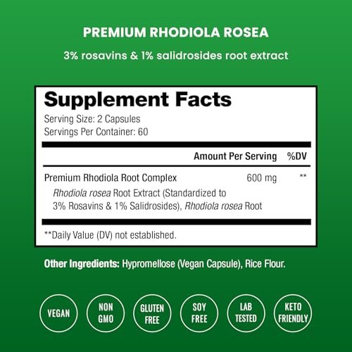 Rhodiola Rosea 600mg | 120 Vegane Kapseln | Adaptogenes Wurzelextrakt für Energie, Stressabbau, Stimmung und Konzentration | Mit Rosavin & Salidrosiden | 300mg Kapseln von NutraChamps