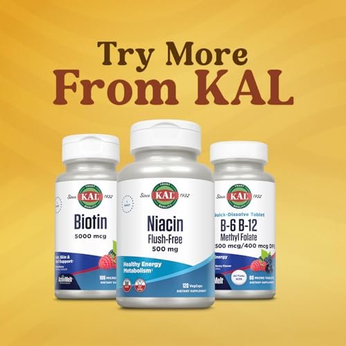 KAL Vitamin B-6 B-12 Methyl Folat ActivMelt – Vitamin-B-Komplex für Herzgesundheit, Energie und rote Blutkörperchen, mit Methyl-B12 und Folsäure (DFE), natürlicher Beerengeschmack, 60 Mikrotabletten
