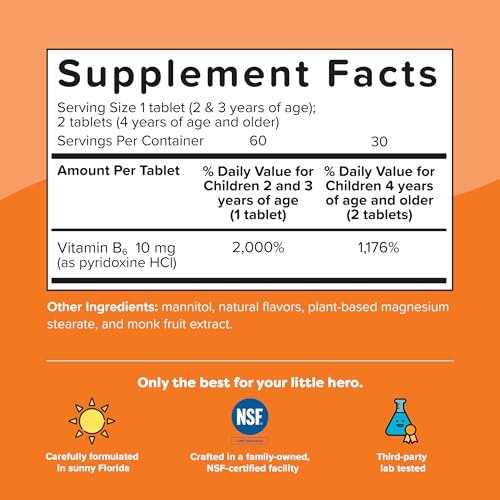 Renzo’s Bright & Brainy Vitamin B6 – Zuckerfreie Schmelztabletten für Kinder, 60 Stück, Orangen-Geschmack