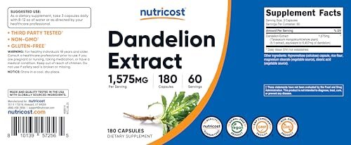Nutricost Löwenzahn-Extrakt 180 Kapseln, 60 Portionen pro Flasche – Vegan, GVO-frei und Glutenfrei