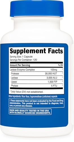 Nutricost Lactase Enzymkomplex 3.000 FCC ALU, 120 vegane Kapseln - Non-GMO, Glutenfrei, 120 Portionen