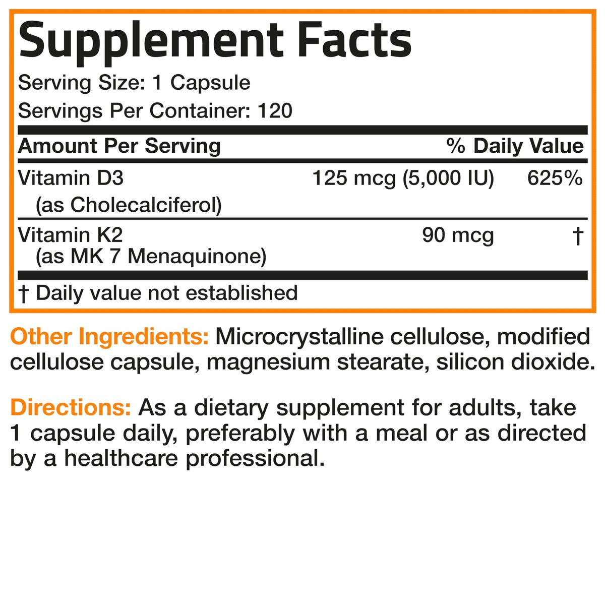 Bronson Vitamin K2 (MK7) mit D3 – 5000 IE Vitamin D3 & 90 mcg K2 MK-7 – 120 Kapseln, Non-GMO, leicht zu schlucken