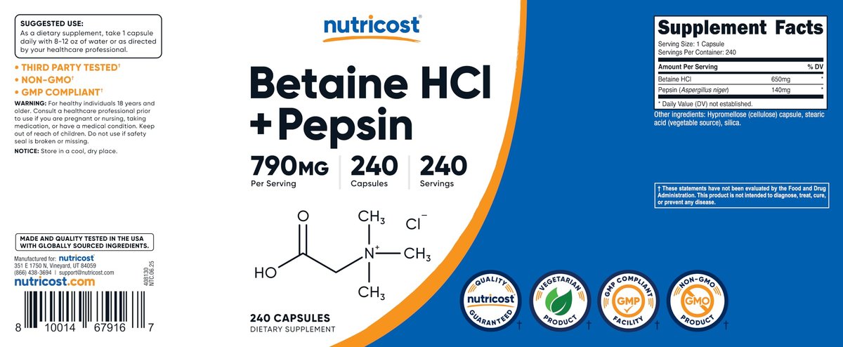 Nutricost Betain HCl + Pepsin 790 mg, 240 Kapseln – Vegetarisch & GVO-frei